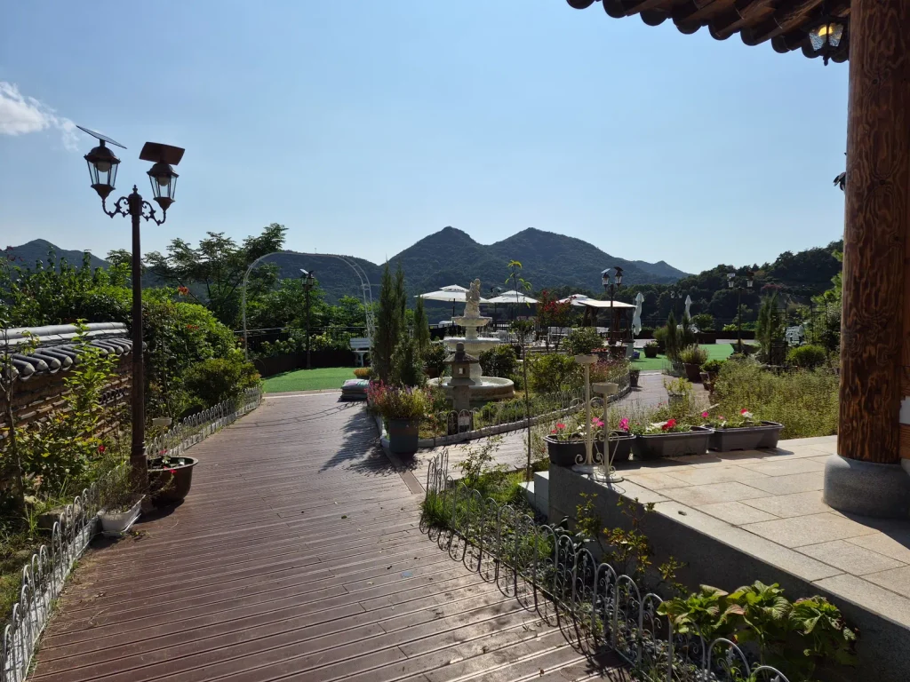 Mountain view from the garden of Cafe Dahwa in rural Yeonggwang, Korea