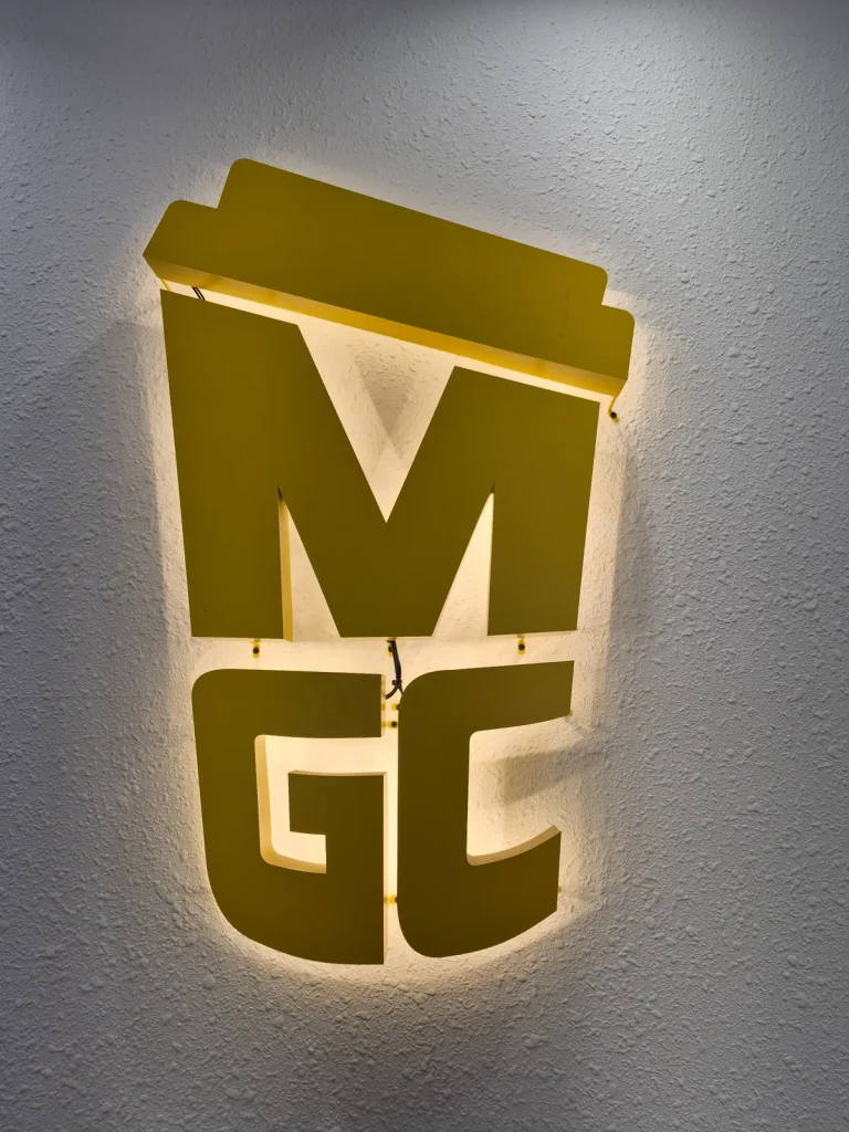 Mega MGC Coffee logo inside a franchise cafe in Yeonggwang, South Korea
