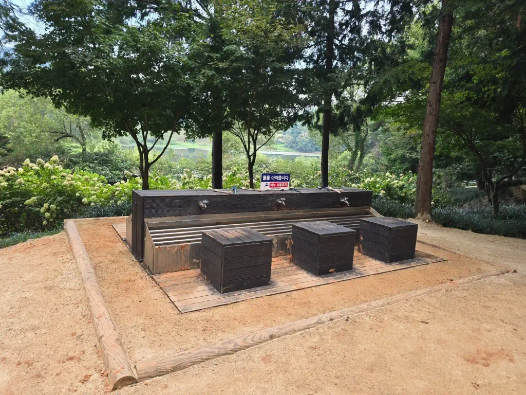 Foot washing station for barefoot walkers at Mulmusan Happy Forest in Yeonggwang