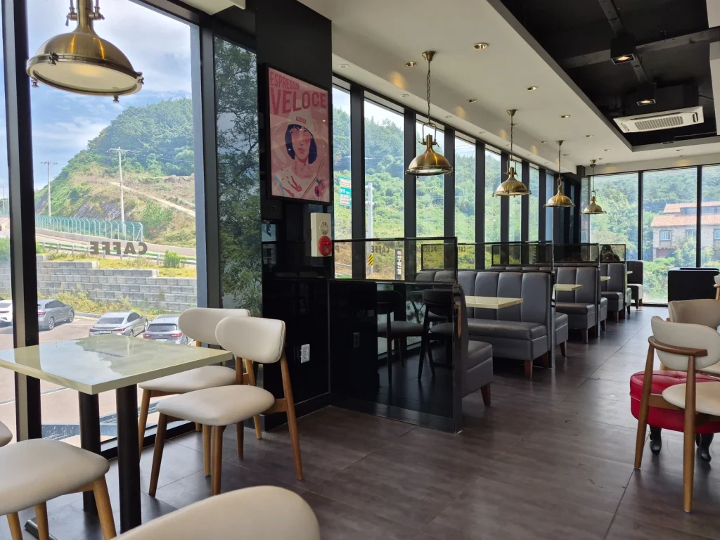 Interior of a seaside cafe along Baeksu Coastal Road in rural Yeonggwang, South Korea