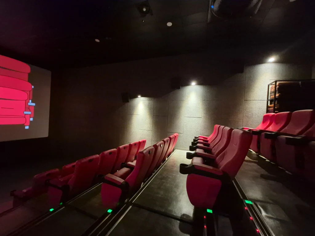 Red seats inside a small movie theater in rural Yeonggwang, South Korea
