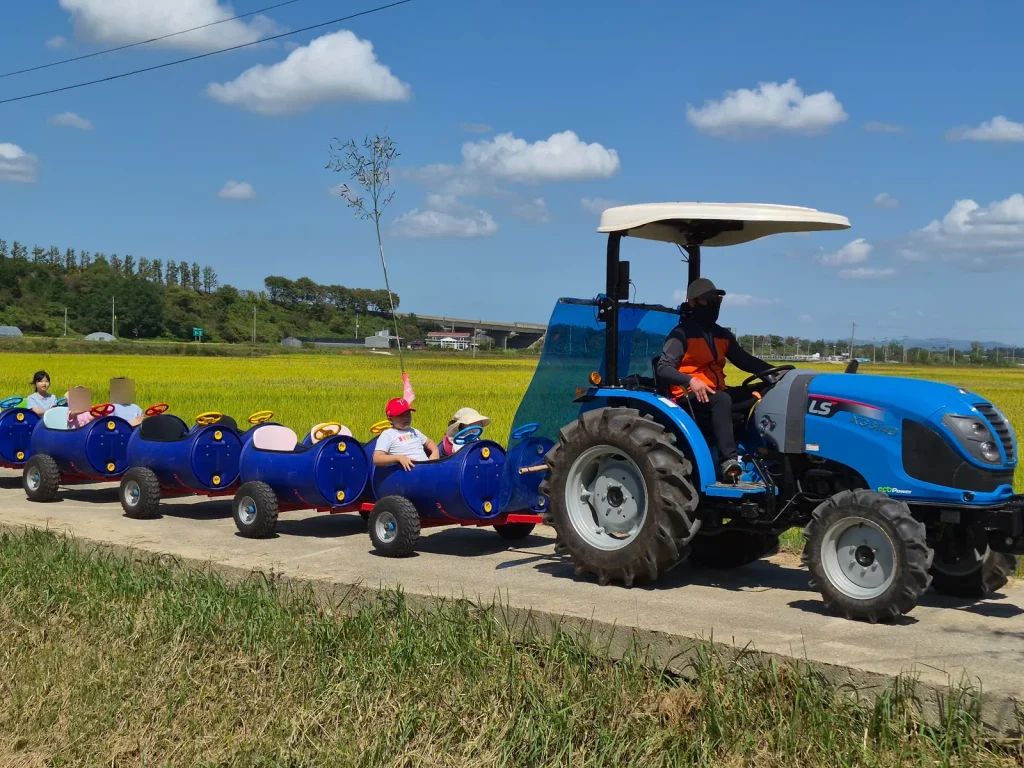 Children riding a tractor train beside rice fields at a rural harvest festival in South Korea