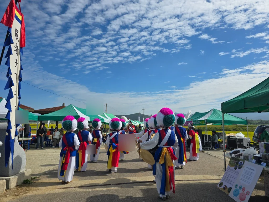 A local pungmul group opening an autumn harvest festival in Myoryang, rural South Korea