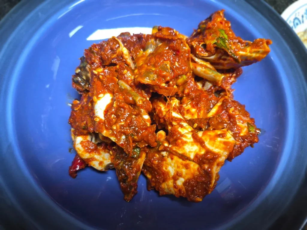 Spicy yangnyeom gejang served during a family Chuseok meal in Korea