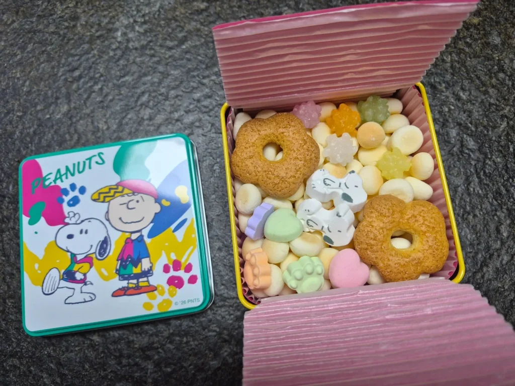 Snoopy cookie tin with colorful sweets from Universal Studios Japan