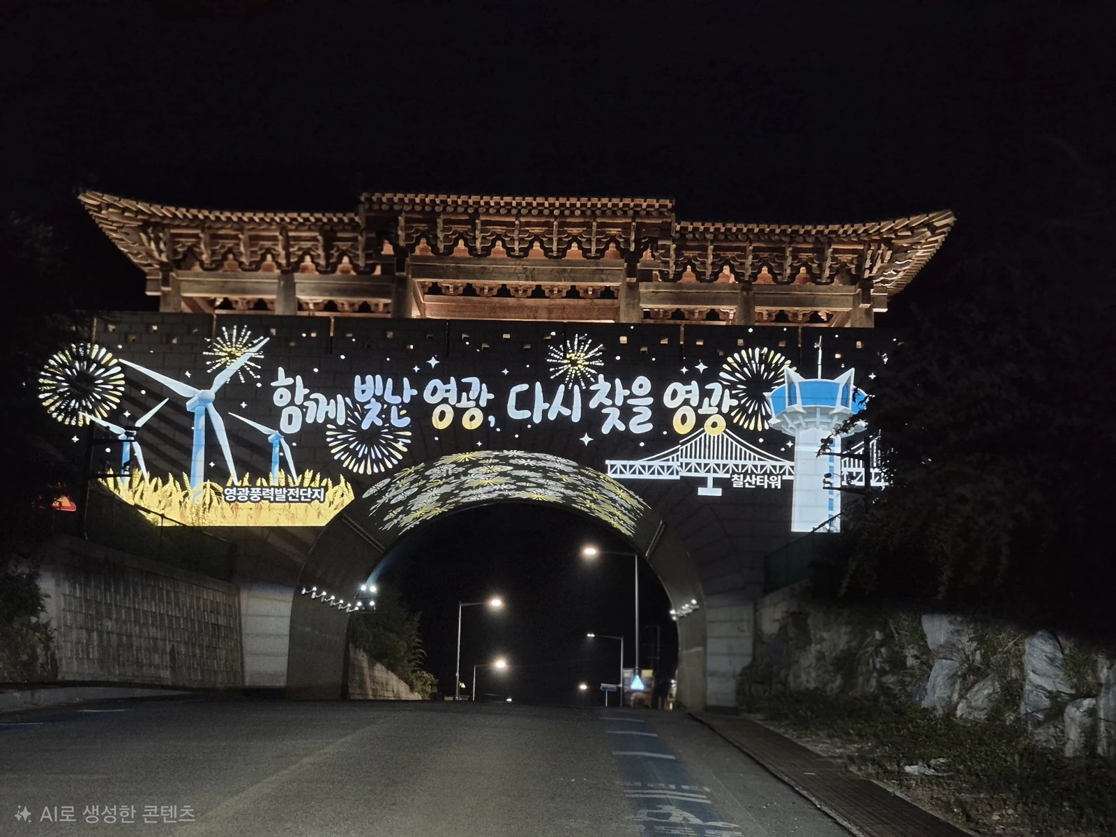 Uidu Gate illuminated at night at the entrance to Yeonggwang-eup in rural South Korea